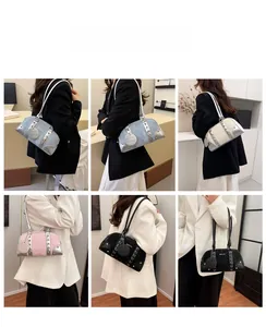 Detailed views of vintage bowling bags with metallic studs and chain straps in four colors