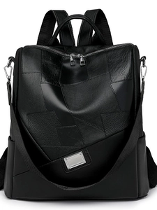Zaino retrò in pelle PU nera da donna con design patchwork e tracolla rimovibile