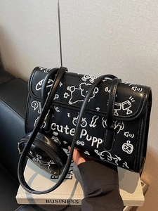 Bolso de hombro vintage negro con bordado de perrito y monedero redondo a juego