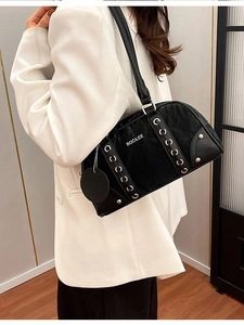 Black large capacity shoulder bag with silver eyelets and white BOCILEE logo