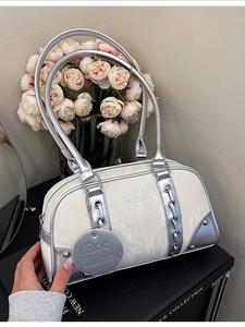 White marble pattern Boston shoulder bag with silver hardware and cylinder handles
