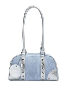 Retro light blue leather underarm bag with silver grommet details and woven strap