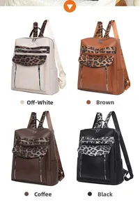 Detailed view of four leopard patchwork backpacks in white, brown, coffee, and black