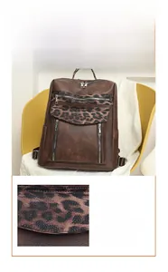 Detail view of large brown faux leather backpack featuring trendy leopard print flap and zippers