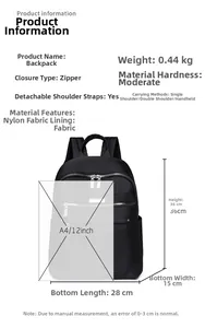 Waterproof black nylon backpack dimensions detail showing 28x15x36cm size and 0.44kg weight