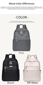 Nylon backpack collection shown in grey, black, and beige water-resistant fabric