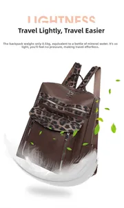 Leopard print patchwork leather backpack weighing 0.5kg shown with a feather for lightness