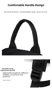 Detail of comfortable nylon top handle and adjustable buckle on black shoulder bag