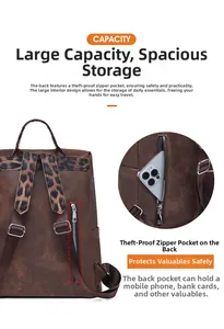 Detail view of anti-theft zipper pocket on leopard print faux leather backpack back