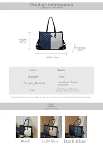 Detailed dimension chart for denim tote bag showing sizes 35x25x12cm and color options