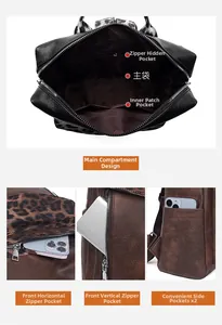 Detail view of large capacity leopard print backpack with multiple functional storage pockets
