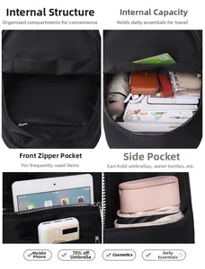 Detailed view of the black nylon backpack internal structure with multiple storage pockets