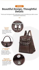 Detail of leopard print canvas straps and textured brown leather on a chic backpack