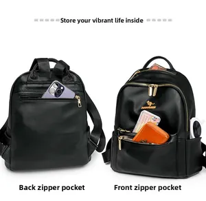 Dettaglio dello zaino in pelle nera con tasche a zip anteriori e posteriori di sicurezza