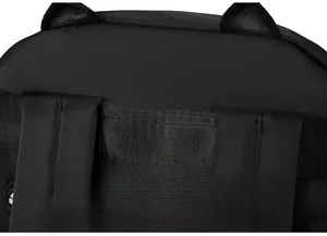 Detail of reinforced stitching and durable strap attachment on black nylon backpack