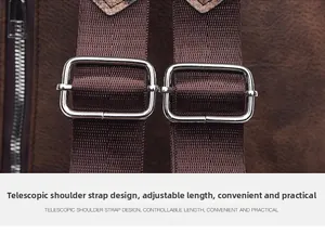 Detail of adjustable nylon shoulder straps with silver metal buckles on a brown backpack