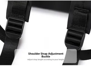 Detail of adjustable nylon shoulder strap with plastic buckle for women's backpack