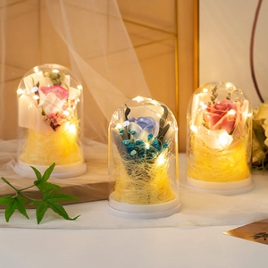 Three preserved rose glass domes with warm LED lights in pink blue and orange colors