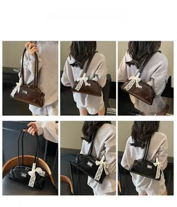 Collage of leather dumpling bags in black and brown with delicate white lace bows
