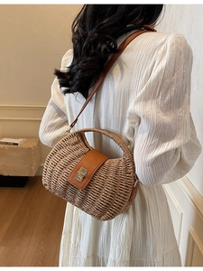 French style woven straw crossbody bag with brown leather flap and metal lock for beach vacation