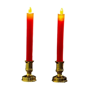 Pair of red LED electronic taper candles with flickering flame and gold vintage bases