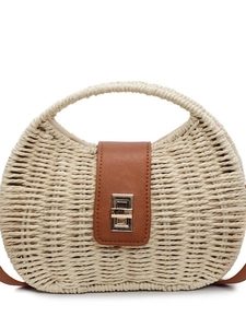 French style straw woven crossbody bag with brown leather flap and gold metal twist lock
