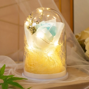 Preserved light blue rose in glass dome with LED lights on white base for gift