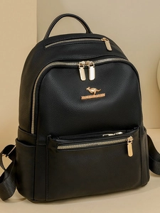 Zaino da donna minimalista in pelle martellata nera con logo a canguro in metallo oro