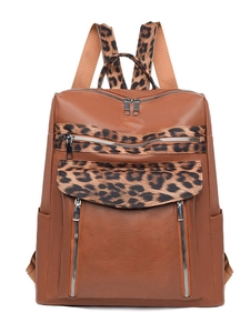Brown leather leopard print backpack with pebbled texture and large capacity storage