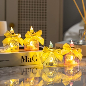 Bougie Électronique LED Veilleuse Décorative Avec Nœud en Satin Texture en Losange Alimentée par Pile pour Maison Fête Mariage Ornement