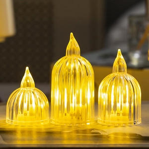 Three-piece set of warm yellow LED flameless candles with vertical striped glass texture