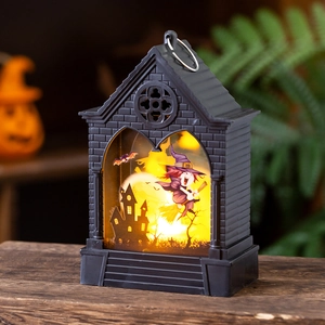 Macro detail of gothic Halloween lantern with warm LED light and wizard illustration