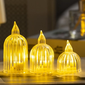 Three-piece set of ribbed LED flameless candles with warm yellow light for camping decor