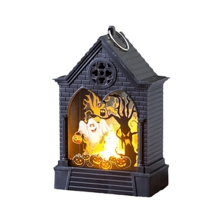 Halloween pumpkin lantern with ghost scenes and warm LED light in black gothic frame