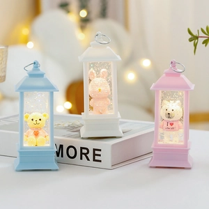 LED water glitter lantern with cute bear rabbit panda figurines for desk decor