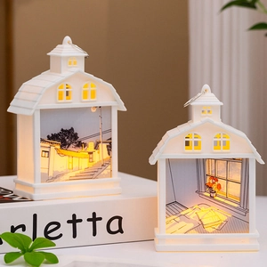 Modern white cottage night lights with warm LED city scenes and top metal rings