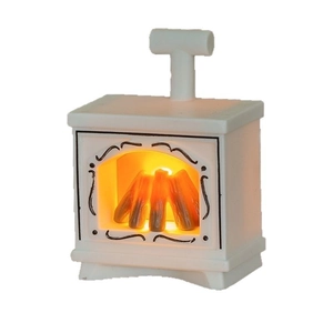 Miniature white dollhouse fireplace with LED flickering flame and vintage pattern