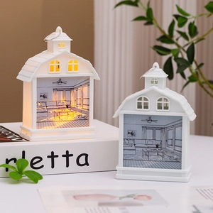 European house-shaped night light with LED sunset glow and indoor scene illustration