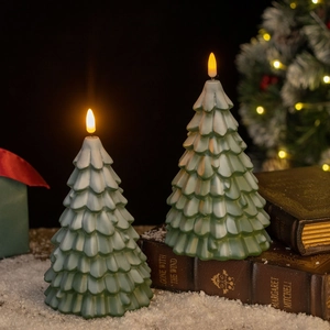 Green LED Christmas tree electronic candle with glowing wick for festive table decoration