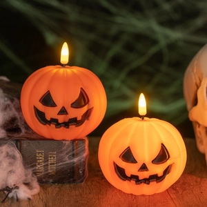 Halloween LED pumpkin lanterns with spooky expressions set on a vintage rustic background