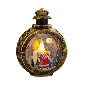Vintage bronze Christmas lantern with LED candle and Santa Claus illustration decor