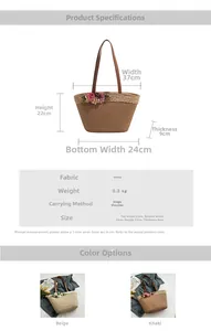 Detail view of woven straw tote bag with floral accents and brown leather handles