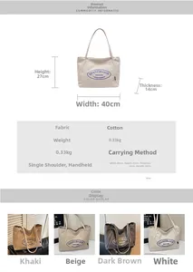 Guía de tallas de bolso tote de lona con opciones en color caqui, beige, negro y blanco