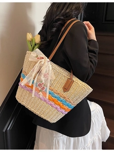 Women Large Capacity Straw Tote Bag Beach Holiday Handbag With Lace Bow Flower Embroidery Colorful Striped Shoulder Bag