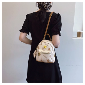 Detail of mini teddy bear printed backpack with brown leather trim and white bow charm