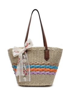 Straw tote bag with colorful stripes and lace flower bow for summer beach vacations