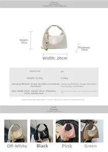 Detailed size specifications and multi-color options of the crescent PU handbag