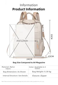 Spécifications techniques et dimensions détaillées du sac à dos en nylon beige minimaliste