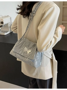 Crinkled Texture Women Shoulder Tote Bag Butterfly Buckle Fashion Chain Strap PU Leather Messenger Bag Daily Work Handbag