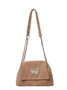 Brown tote bag with silver butterfly logo and chain strap on a white background